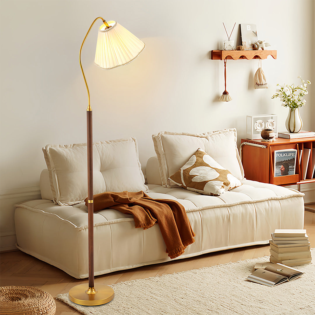 Walnut Floor Lamp Elegant American Retro Fabric Shade Standing Lamp