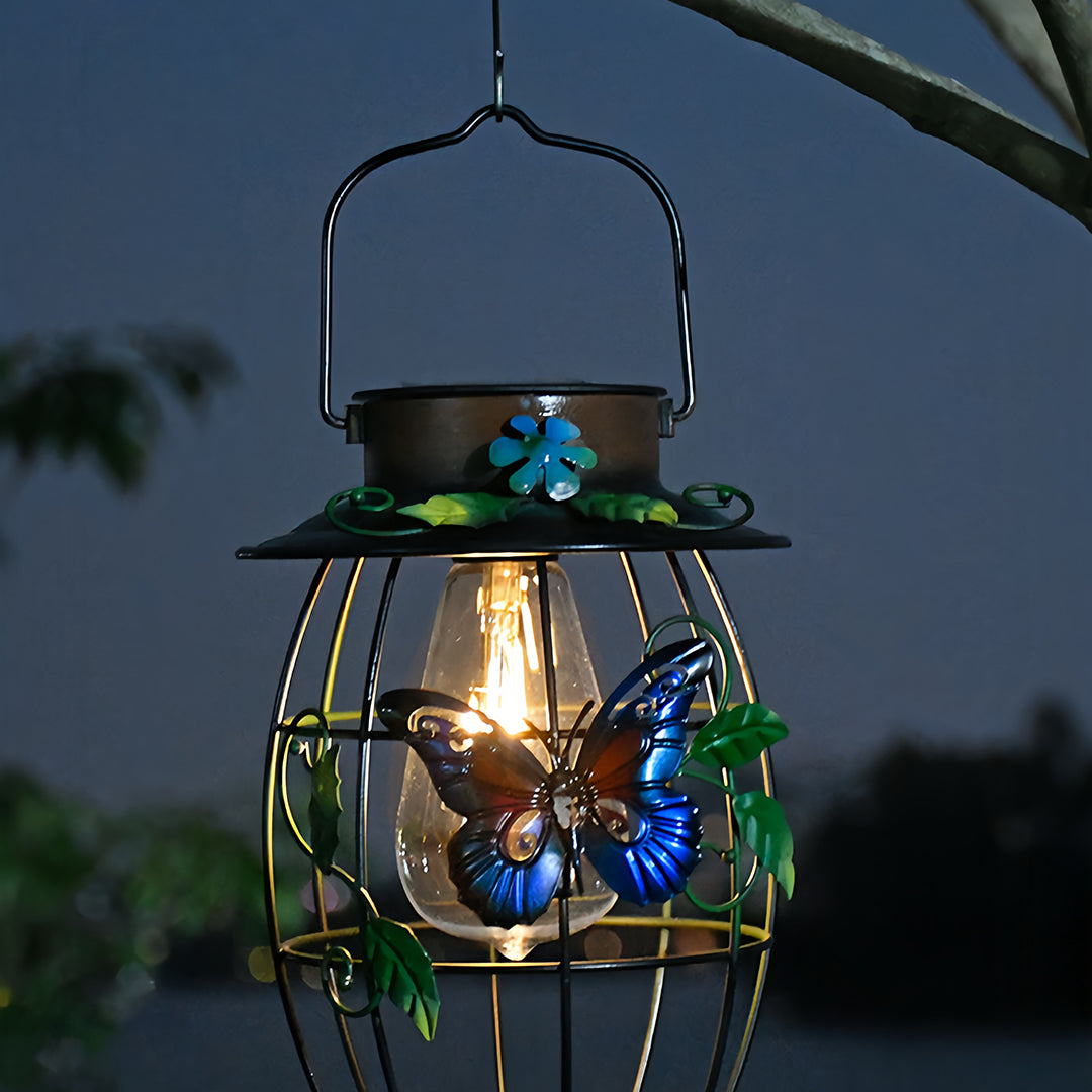 Iron Outdoor Lanterns Waterproof Solar Powered Hanging Butterfly Light