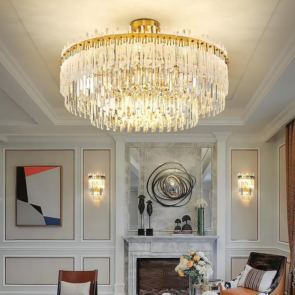 Nordic Style Round Gold Crystal Chandelier: 16” cord, Gold, Neutral Light