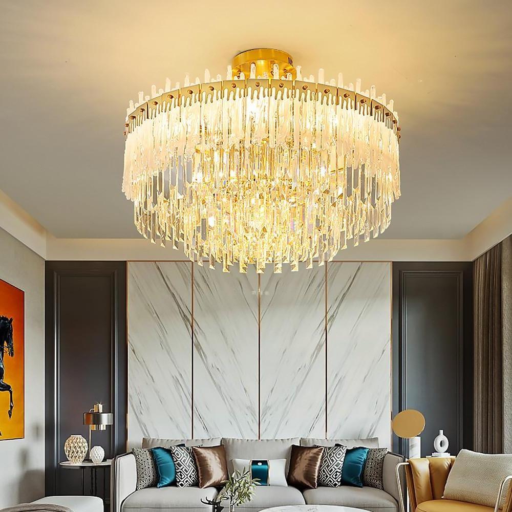 Nordic Style Round Gold Crystal Chandelier: 16” cord, Gold, Neutral Light